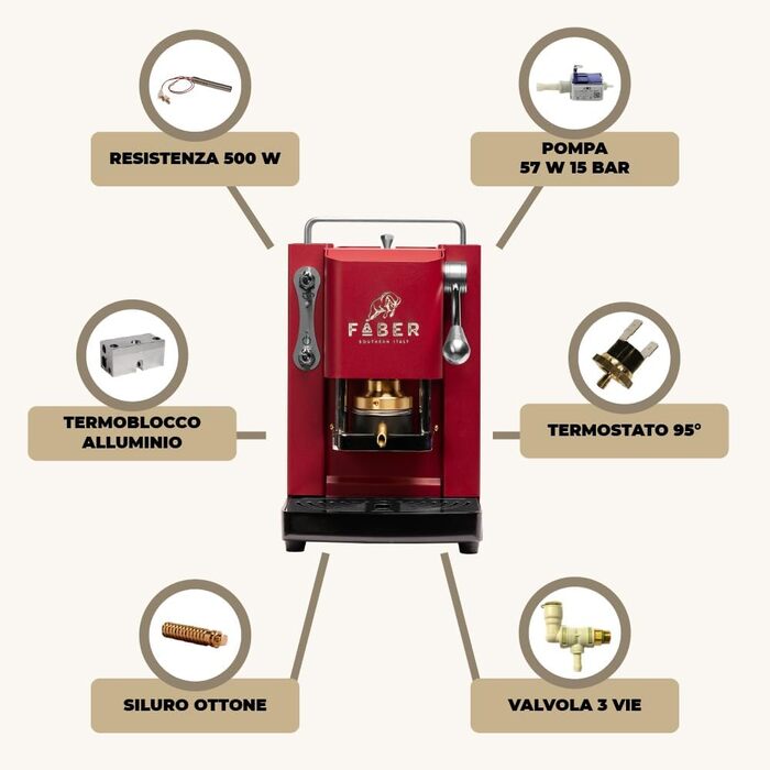 Кавова машина FABER Pro Mini Deluxe для ESE-подушок 44 мм, хром, латунний прес, червоний