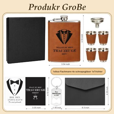 Персоналізований набір фляг 8oz з гравіюванням – фляга з нержавіючої сталі, 4 склянки, воронка та подарункова коробка для друзів нареченого/нареченої, подарунок на весілля для чоловіків та жінок (колір: коричневий)