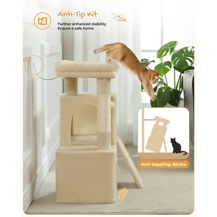 PETEPELA Scratching Post with Dual Condos for Apartment Cats, All-in-One Cat House with Padded Perch, Scratch Ramp and Post, and Replaceable Balls Beige