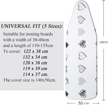 Гладильна дошка Yizunnu: 140x50 см, товсте покриття, шнурок, регульований затискач, простий монтаж, стійкий до подряпин принт (серце)