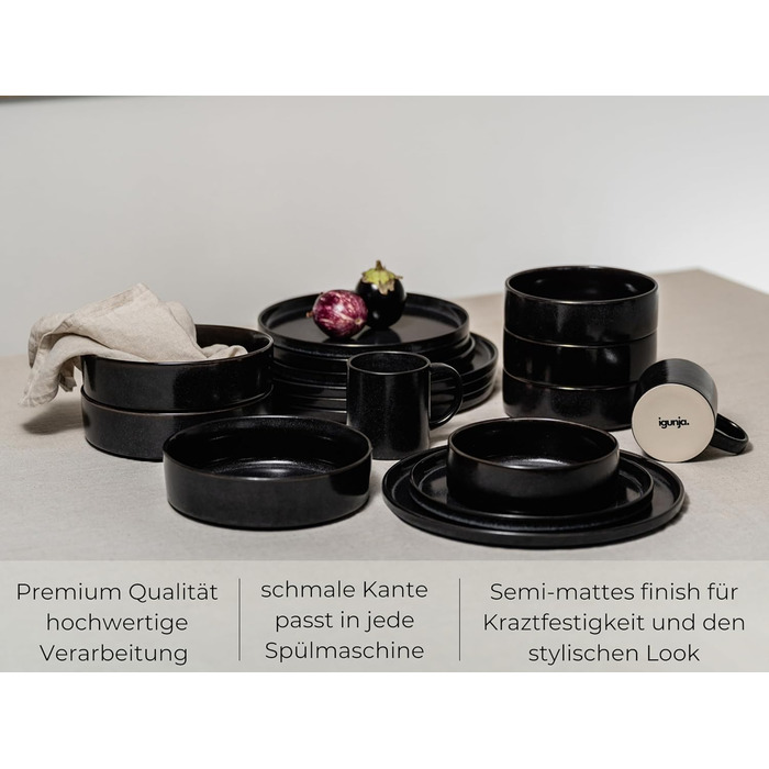 Igunja Stoneware Dinnerware Set - 12 Piece Set for 4 People | Reactive Glaze | Matte Black Dinner Set (Handmade, Premium Quality)