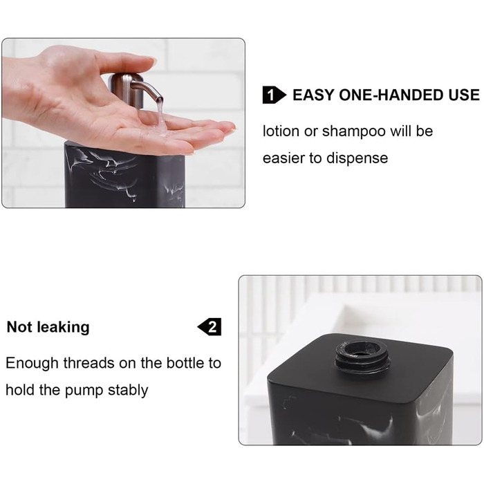 Дозатор для мила Suanti, 425 мл, з помпою з нержавіючої сталі, наповнюваний, квадратний, декоративний, для мила для рук, посудомийної рідини та лосьйону, стиль чорного мармуру