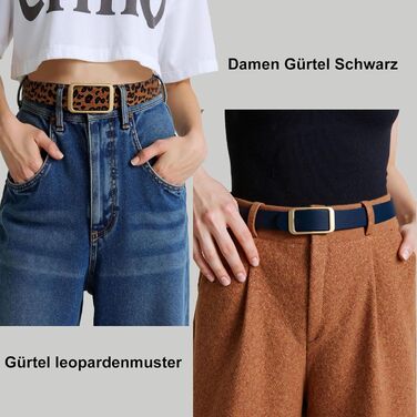 Жіночий шкіряний ремінь для джинсів, спідниць та суконь, чорний та з леопардовим принтом, змінна золота пряжка 3 см, розмір M (110 см), талія 86-96 см