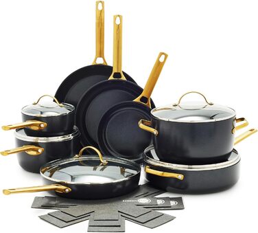 GreenPan Reserve Hard Anodized, Healthy Ceramic Non-Stick Coating, 16-Piece Cookware Set, Pots and Pans, Golden Handle, PFAS-Free, Dishwasher Safe, Oven Safe, Black 16 Piece Cookware Pots and Pans Set Schwarz