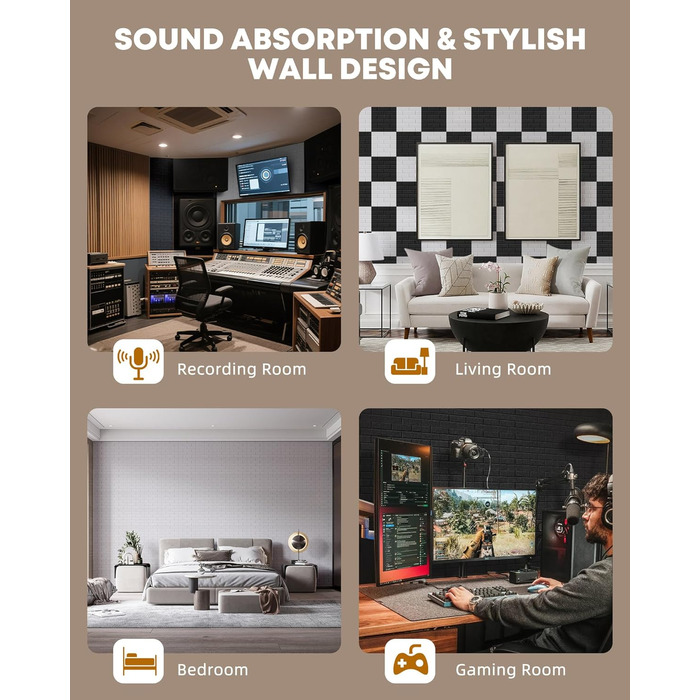 Акустичні панелі Jamelo 3D цегла самоклейні, 30x30x0,9 см, 12 шт. — звукоізоляція та декорування стін для студії, спальні та офісу (світло-сірий)