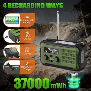 Радіо Vokida для надзвичайних ситуацій з Power Bank 10000mAh, ручним заводом, AM/FM/NOAA, USB зарядкою, сонячною панеллю, ліхтариком та SOS-сигналом для кемпінгу та активного відпочинку