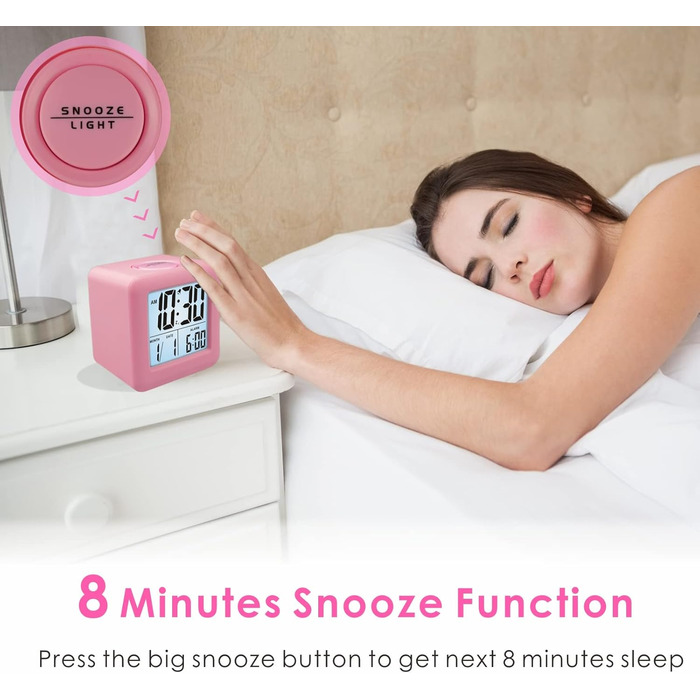 Цифровий туристичний годинник Plumeet з будильником, софт-нічником та великим дисплеєм, рожевий