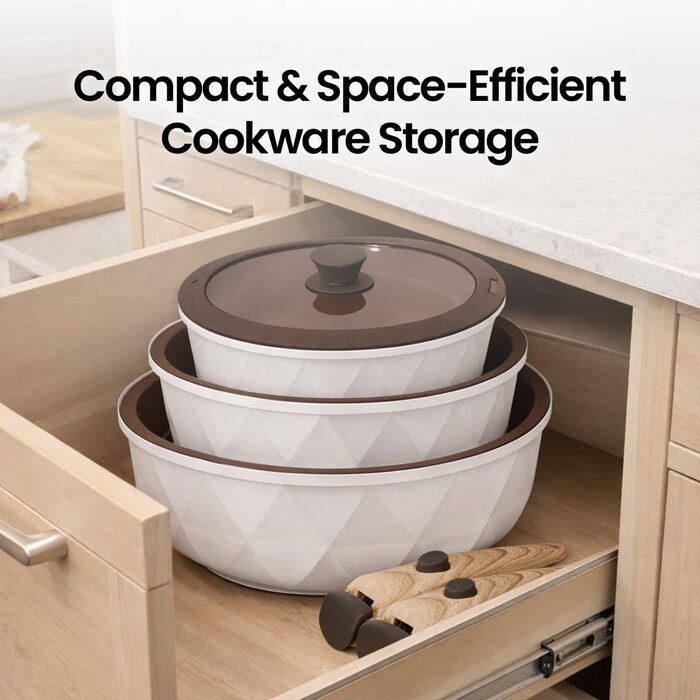 Набір посуду 9 предметів з антипригарним покриттям Diamant Beige: каструлі та сковорідки для всіх плит, включаючи індукційні. Без PFOA/PFAS