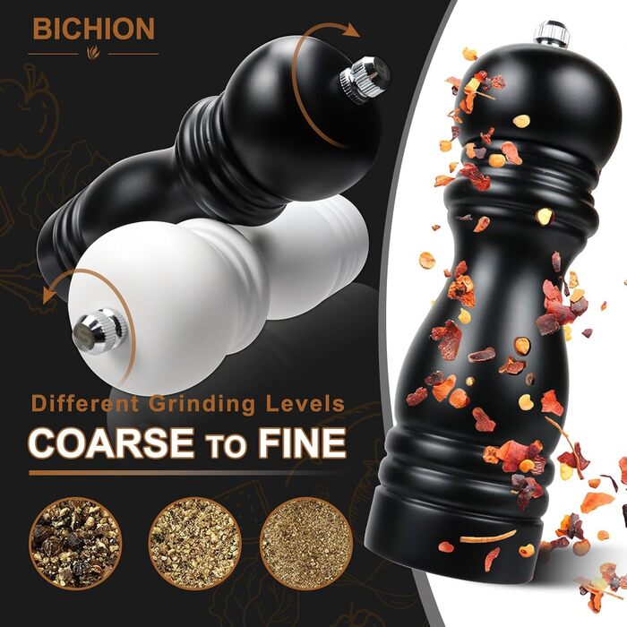 Набір з 2 дерев'яних мельниць для солі та перцю з регульованим млинком, великі, керамічні, ручні для морської солі, чилі, чорного та білого перцю