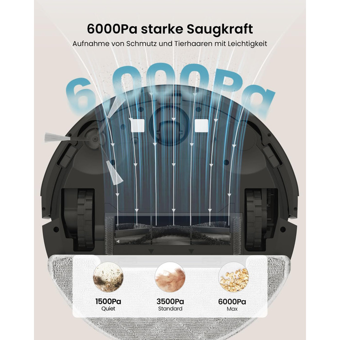 Робот-пилосос Vexilar з функцією миття підлоги, 8000Pa, LiDAR-навігація, 150 хв роботи, 15 зон заборони, керування через додаток, для тварин та килимів (W11)