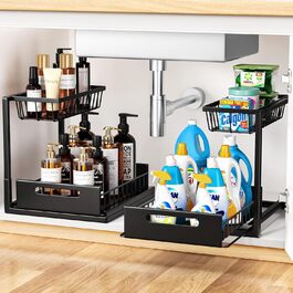 Cocolemon Under Sink Shelf Organizer, 2-Tier Kitchen Cabinet Organizer with Drawer, Large Capacity Under Sink Shelf, Spice Rack and Kitchen Helper for Kitchen, Bathroom, Under Cabinet, Black (2 PCS)