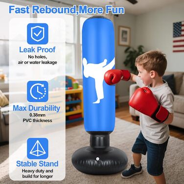 Дитячий боксерський мішок 160 см з рукавичками та насосом, надувний, для занять карате та тхеквондо, ідеальний подарунок для дітей від 6 років (Блакитний)