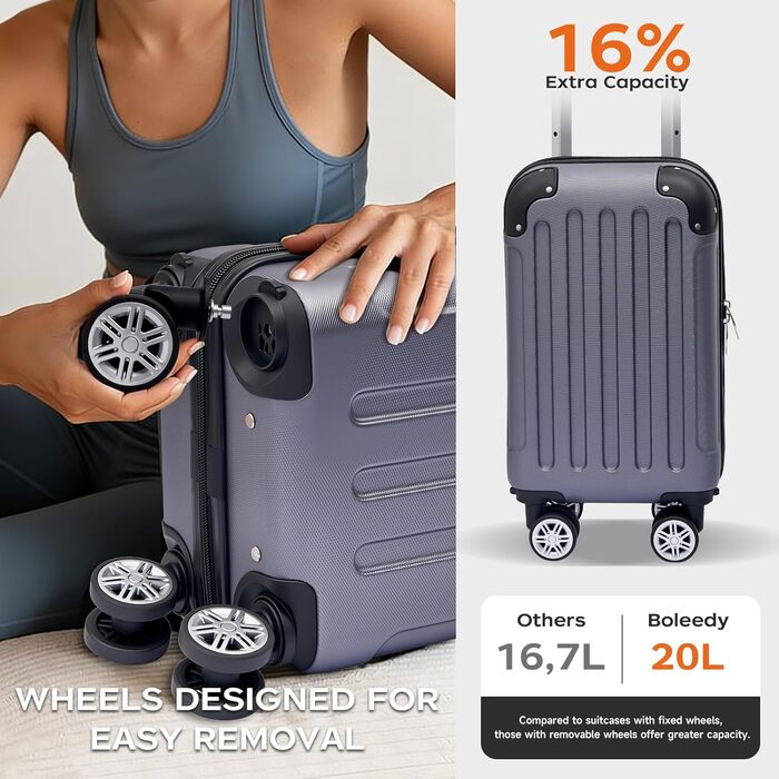 Набір валіз Boleedy 3шт, валіза на коліщатках, дорожній набір валіз (55/66/76 см), ручна поклажа, валіза з жорстким корпусом, 360° обертання, тихі подвійні колеса, телескопічна ручка, сірий колір