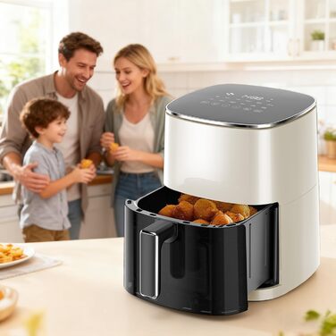 Фритюрниця повітряна DUMOS, 6 літрів, з вікном, квадратна, 12-в-1, для смаження, розігріву, сушіння, випікання, приготування на пару, 200°C, бежево-сіра