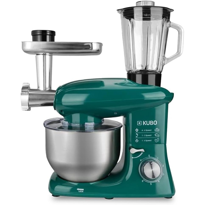 Kubo Food Processor - 7 Accessories: Mixing Bowl, Meat Grinder, Large Bowl, Protective Lid, Whisk, Mixer, and Dough Hook - Color: Green - Capacity: 6 Liters