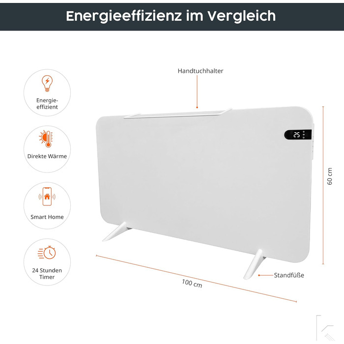 Könighaus 450W Smart Двохкамерний інфрачервовий обігрівач V2 - підлоговий/настінний - керування через Wi-Fi з пульт, з тримачем для рушників, ніжками та кріпленням. Колір: Білий 450 Вт - з дисплеєм