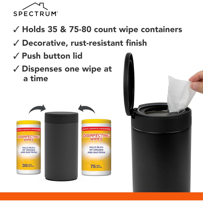 Spectrum Diversified Dekorative Wet Wipe Dispenser, Refillable Wet Wipe Holder for Household Cleaning, Stylish Cleaning Cloth Holder, Alloy Steel, Black, 1 Count (Pack of 1)