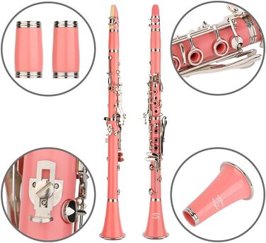 Професійна кларнет Glory GLY-CLAGN з ебоніту, Bb, з аксесуарами (10 вставок, стійка, кейс, серветка, щітки), зелений (рожево-сріблястий)