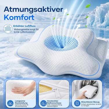 Ергономічна ортопедична подушка для шиї та голови з ефектом пам'яті (Memory Foam) 2-в-1, для сну на боці, спині та животі, зі знімним чохлом, 62 x 39 x 11/13 см, біла
