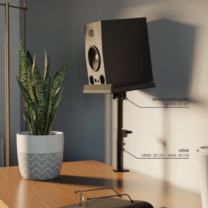 Підставка для динаміків з кріпленням до столу – регульована ±20°, до 28 кг – з демпфером з піни – стабільна та міцна – для студії, столу та DJ-setup – чорний колір