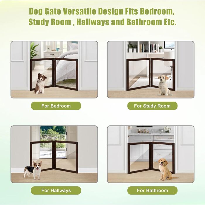 Дерев'яне перегороджувальне ґратка для собак, 4 панелі, широка, 76,2 см, складна, бар'єр для тварин, масивне дерево та сталевий дріт, захисне ґратка для дверей, коридорів, 30'Height-4 Panel (24'Height-2 Panel, Коричневий)