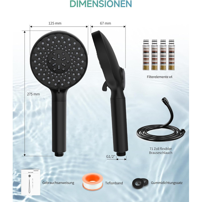 Душова лійка SR SUN RISE з фільтром, шланг та картриджі, 9 режимів, високий тиск, для жорсткої води, видаляє хлор, важкі метали, бактерії, чорний колір