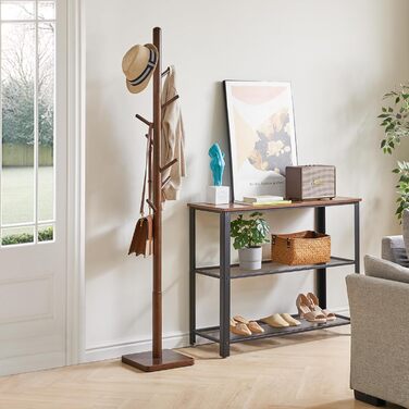 YMYNY Solid Wood Wardrobe Rack, Freestanding Clothes Rack with 8 Hooks, Thickened with 3 Adjustable Heights, for Bag, Clothing, Living Room, Natural Color HCR002N (Brown, Square Base)