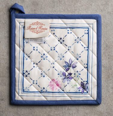 Maison d' Hermine Faience Oven Mitt + Pot Holders, 100% Cotton, Heat Resistant, Kitchen Oven Mitt (19.1 x 33 cm) and Pot Holders (20.3 x 20.3 cm) for Cooking, Grilling, Spring/Summer