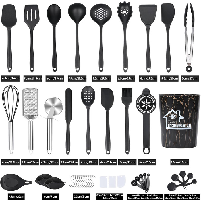 Набір кухонних аксесуарів Czemo 43 шт. з силікону: кухонні помічники, посуд, лопатки, ложки, чорний