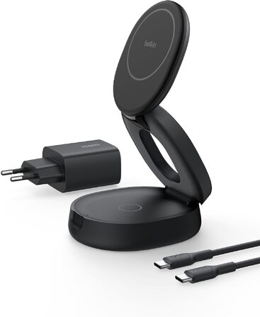 Бездротова зарядна станція 2-в-1 Belkin BoostCharge Qi2 15W MagSafe для iPhone 17, AirPods, Pixel, з блоком живлення 30W, чорна