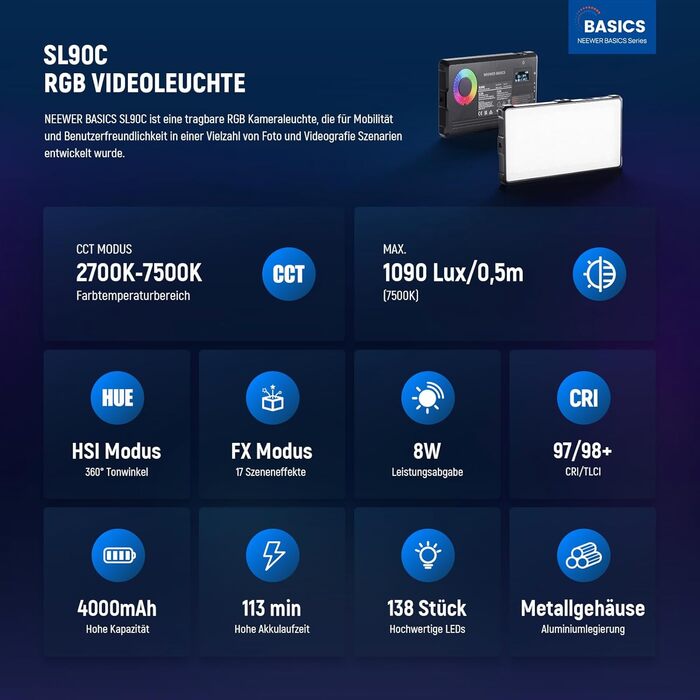 NEEWER SL90C RGB LED панель для відеозйомки, 8W, 2700K–7500K, портативна, з регулюванням кольору, CRI 97, 4000mAh, металева, для DSLR, стримінгу, SL90C