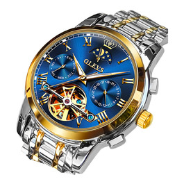 Чоловічий механічний годинник OLEVS Skeleton з фазою місяця, сталевий корпус, водонепроникний, люмінесцентна стрілки, синій циферблат