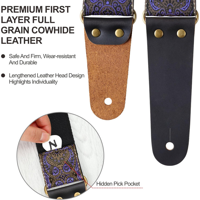 Гітарний ремінь Nefelibata Vintage з вишивкою, з натуральною шкіряною обробкою. Підходить для бас-гітари, електрогітари та акустичної гітари. У комплекті: кнопка для ременя, 2 фіксатори та 4 медіатори. Колір: аметистовий (#lila)