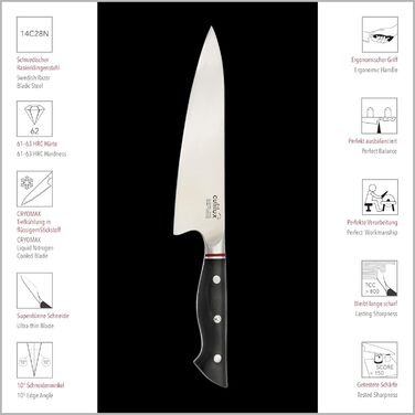 Професійний кухонний ніж Gyuto Kobe 2.0 20 см з надгострим лезом зі шведської сталі 14C28N 62HRC, ергономічна ручка G10, високовуглецева сталь, шеф-ніж