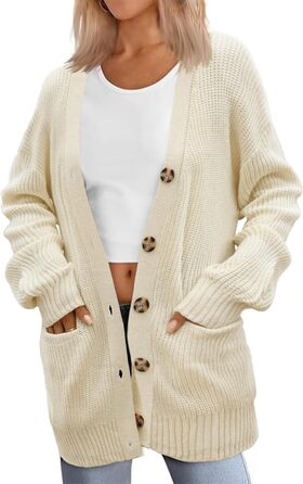 Жіночий в'язаний кардиган Zeagoo з довгим рукавом, вільний крій, V-подібний виріз, грубий в'язання, бежевий колір, для осені та зими