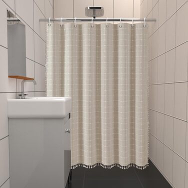 Штора для душу Boho бежева, льон, 120x180 см - сільський стиль, з пензликами