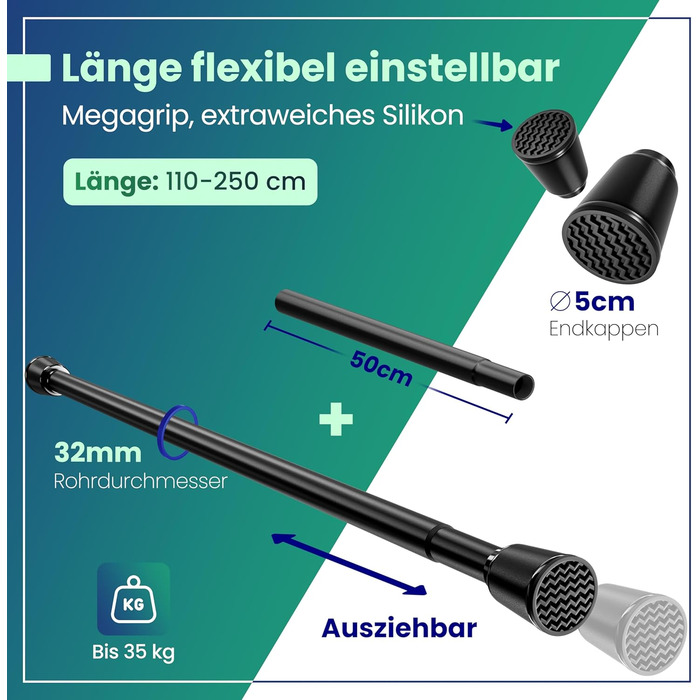 Штанга для штор без свердління, телескопічна, 110-250 см, чорна – для штор, душової кабіни, одягу, сітки для котів