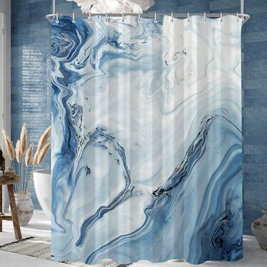 Штора для душу 180x200 см з утяжеленим краєм, антигрибкова, водовідштовхувальна, поліестер, з кільцями (Блакитний градієнт мармуру)