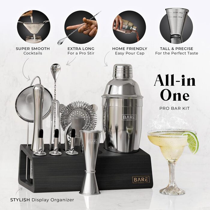 Bare Barrel Pro Cocktail Set - 14-Piece Boston Shaker Set with Stand & Recipe Cards - Bar Accessories - 24oz Cobbler Shaker (Jet Black, Silver, Black)