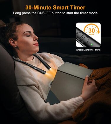 Настільна лампа Gritin для читання на шиї, з 4 кольорами та 5 рівнями яскравості - плавне регулювання, захист очей, акумулятор 80 годин, регульована шийка, ергономічне читання для ліжка/в'язання/рукоділля (чорна)