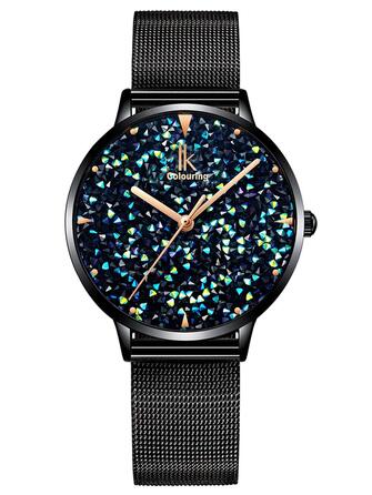 Жіночий годинник Alienwork IK Shine з блискітками та сталевим сітчастим ремінцем Mesh, чорний