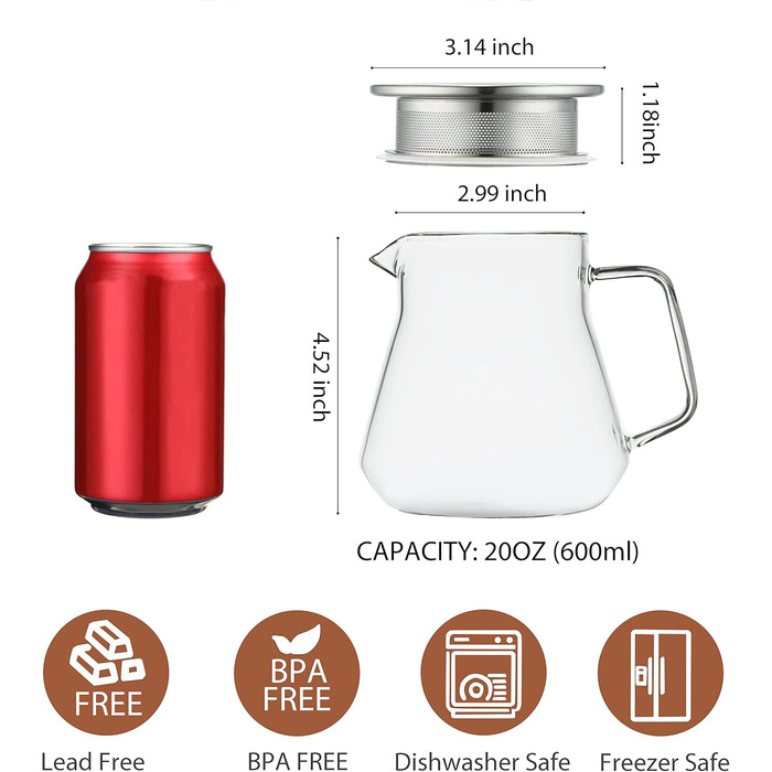 Скляний чайник CNGLASS з кнопкою One-Touch, 600 мл, з фільтром із нержавіючої сталі, термостійкий заварник для листового чаю, прозорий