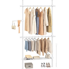 SONGMICS Telescopic Rod Clothes Rack, 3-Tier Wardrobe, Height and Width Adjustable, Open Closet with 2 Clothes Rods and Removable Shelf, Gripper Arm, HSR136B01 (Matt White, 1 Row (84B~123B cm))