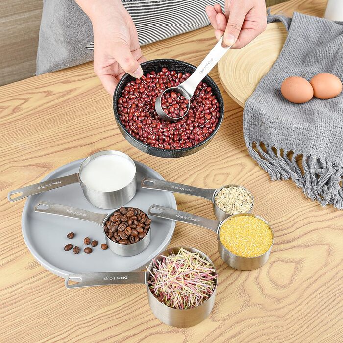 Smithcraft Measuring Cup Set, 7 Pieces, 18/8 Stainless Steel, Silver, Measuring Cups, for Dry and Liquid Ingredients, Metric and US Measurements, Engraved, 240 ml, 9 pieces