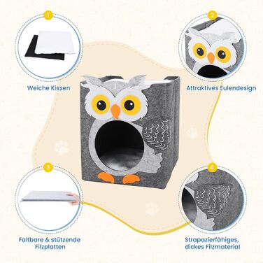 Кігтеточка-будиночок для котів Dripex з 2 поверхів, філц, з подушкою, 30 x 35 x 35 см (Сова)