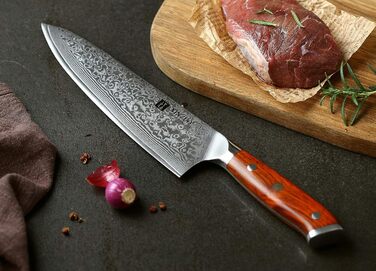XINZUO 21cm Damascus Chef's Knife - 67 Layer Damascus Steel Gyuto Knife for Meat, Fish & Vegetables - Professional Handcrafted Kitchen Knife with Ergonomic Rosewood Handle