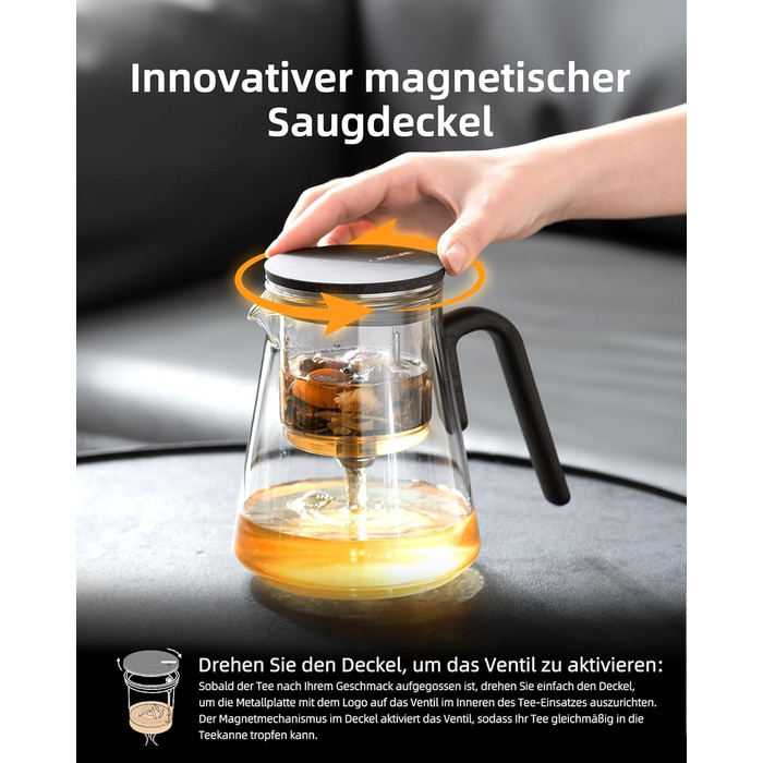 Чайник ZENS Magic з боросилікатного скла з ситом, 800 мл, з магнітним кришкою та ручкою з чорного горіха, для заварювання листового чаю