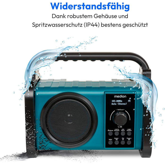 Радіоприймач Medion E66877 DAB+ Baustellenradio: Bluetooth 5.0, DAB+, UKW, LED-ліхтар, акумулятор/мережа, водонепроникний (IP44), синій