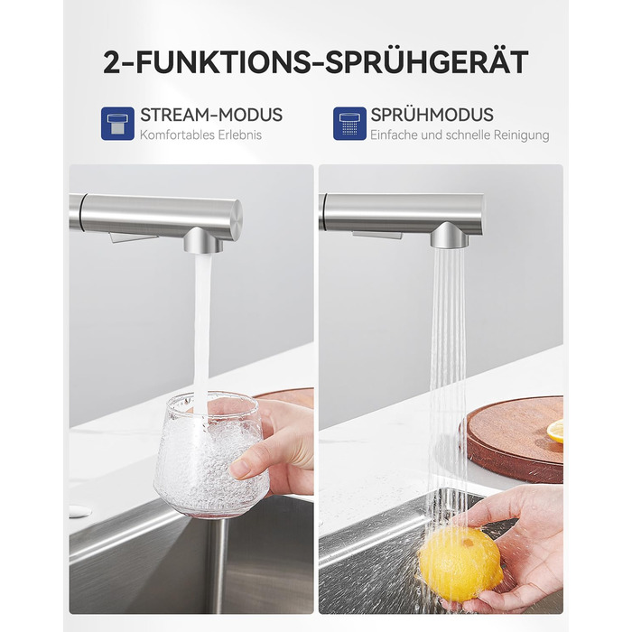 Змішувач кухонний Sofetiy висувний з душем, нержавіюча сталь, 360° поворот, одноlever, 2 режими струменя