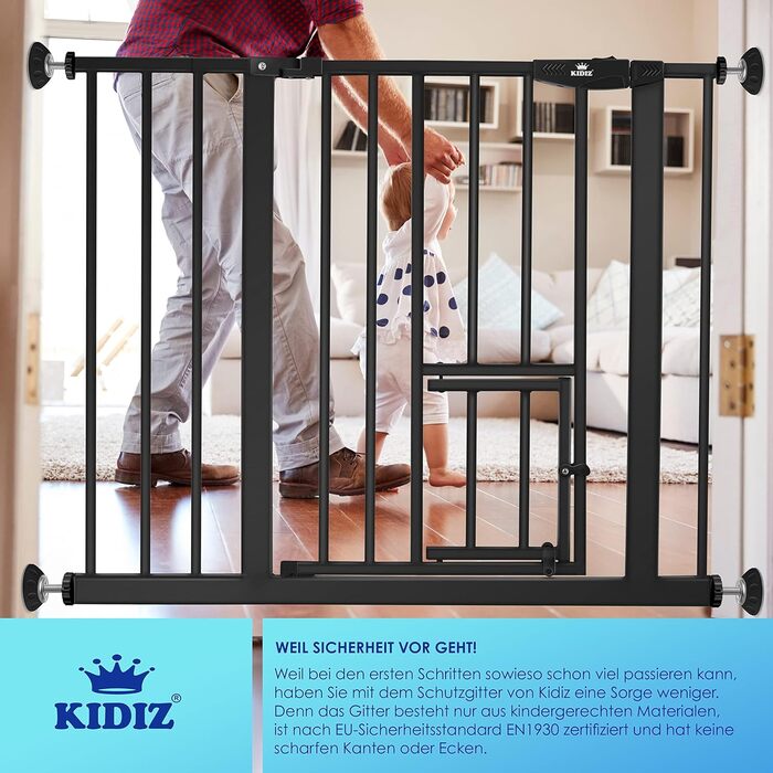 Захисне ворота KIDIZ для котів з люком, захист для дверей, ворота на сходи для дітей без свердління | Зупинка 90°, поворотні, білий колір, ширина (88-101 см)